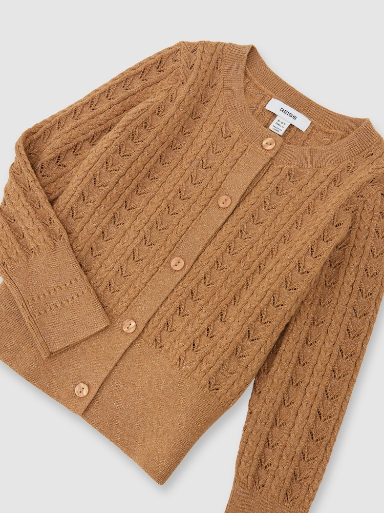Reiss Bronze Fae Cotton And Wool Blend Pointelle Cardigan - Image 1 of 3