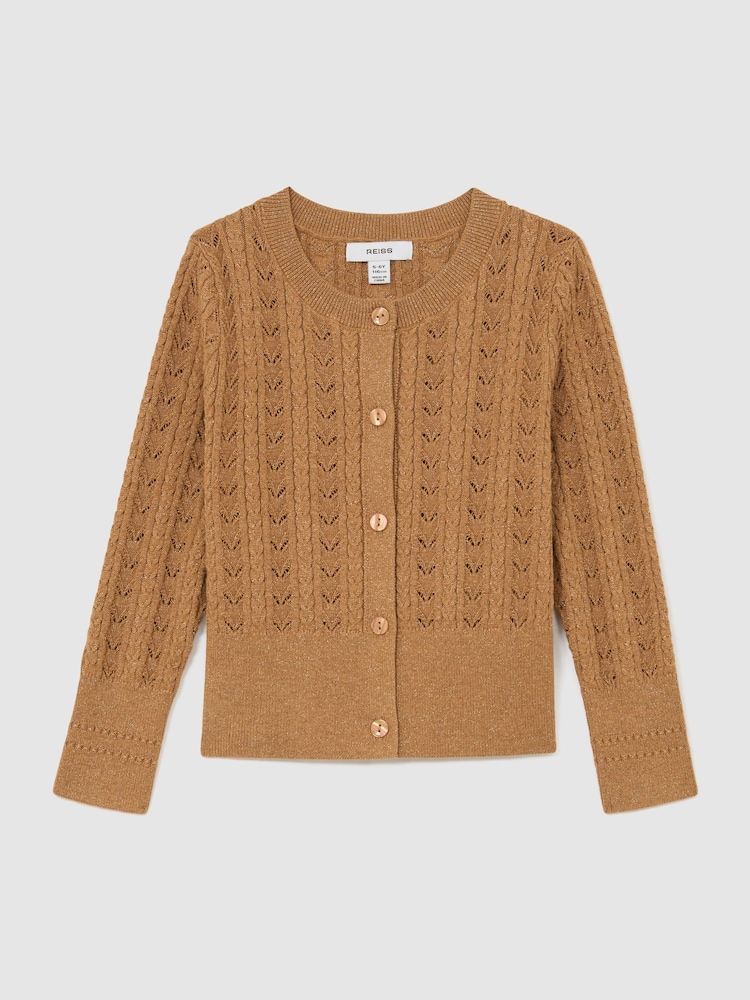 Reiss Bronze Fae Cotton And Wool Blend Pointelle Cardigan - Image 3 of 3