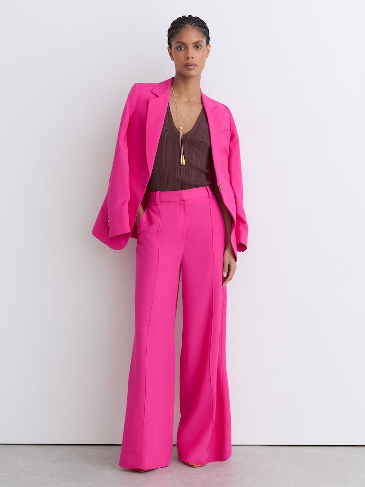 Reiss Pink Charli Wide-Leg Pintuck Trousers with Linen - Image 1 of 7 Reiss Pink Charli Wide-Leg Pintuck Trousers with Linen - Image 1 of 7