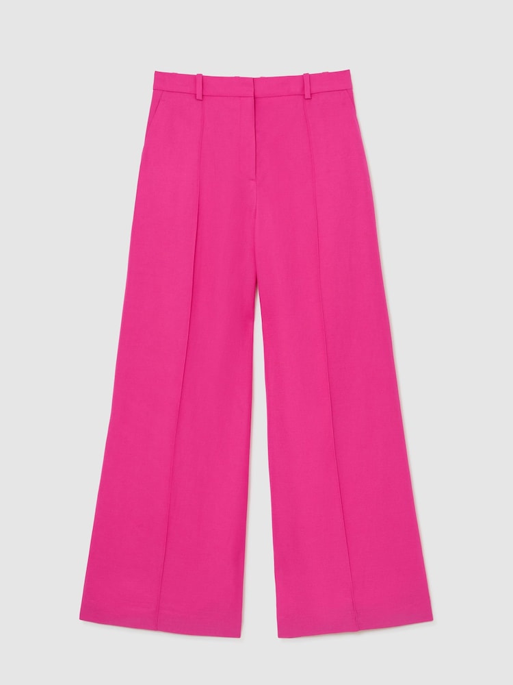 Reiss Pink Charli Wide-Leg Pintuck Trousers with Linen - Image 2 of 7 Reiss Pink Charli Wide-Leg Pintuck Trousers with Linen - Image 2 of 7