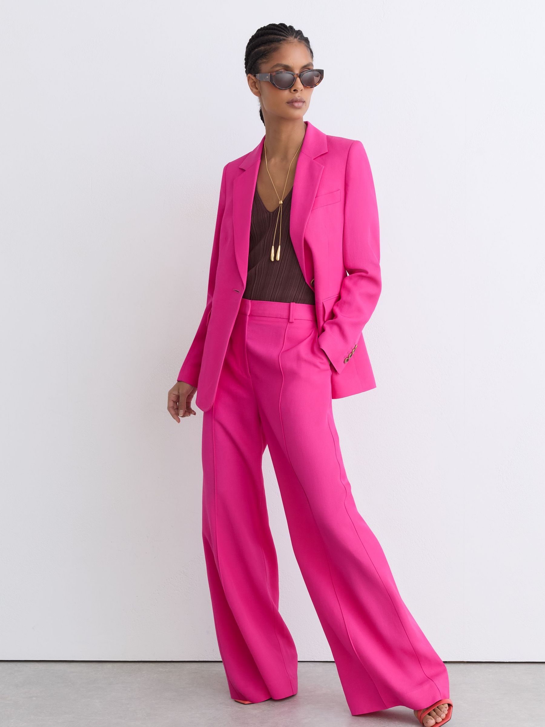 Buy Reiss Pink Charli Wide-Leg Pintuck Trousers with Linen from