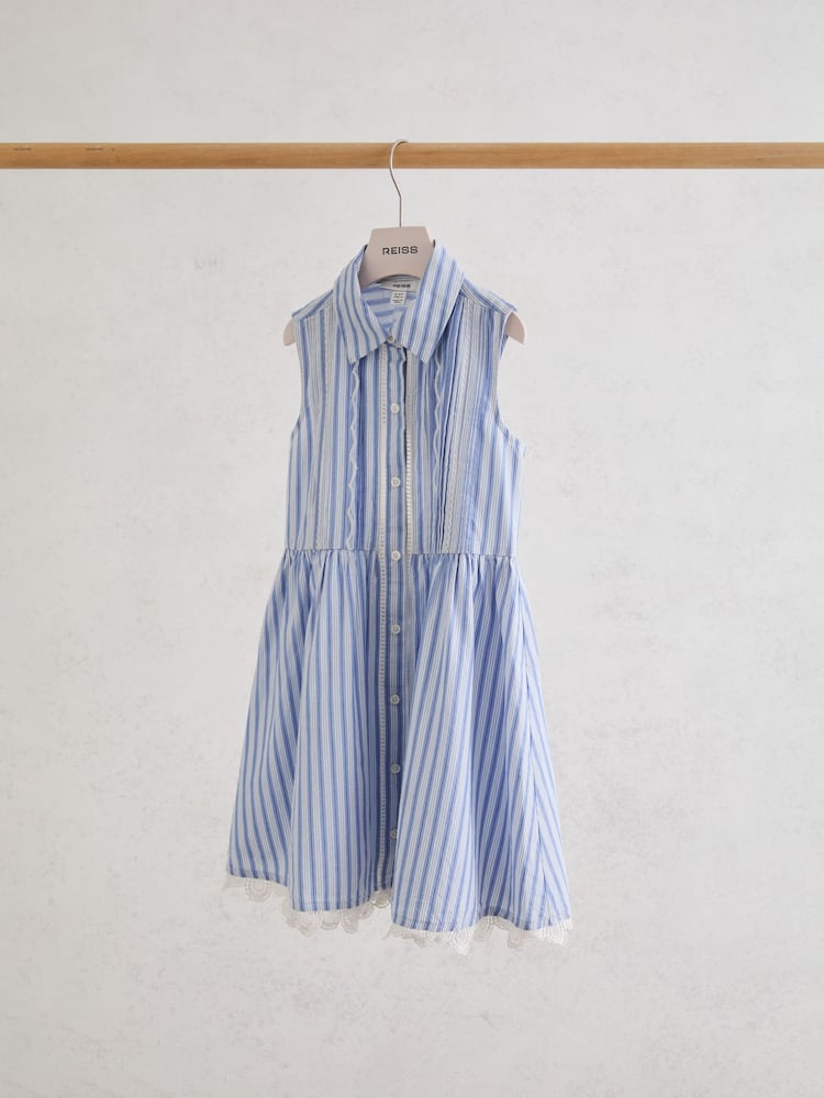 Reiss Blue/White Juliette 3-9 yrs Cotton Striped Lace-Trim Shirt Dress - Image 2 of 3