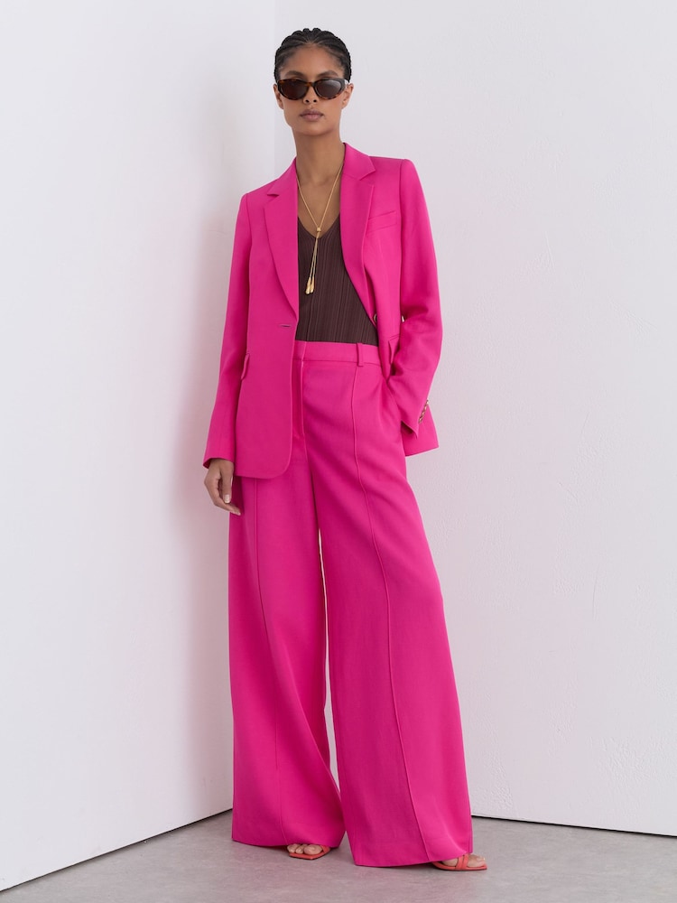 Reiss Pink Charli Petite Wide-Leg Pintuck Trousers with Linen - Image 1 of 9