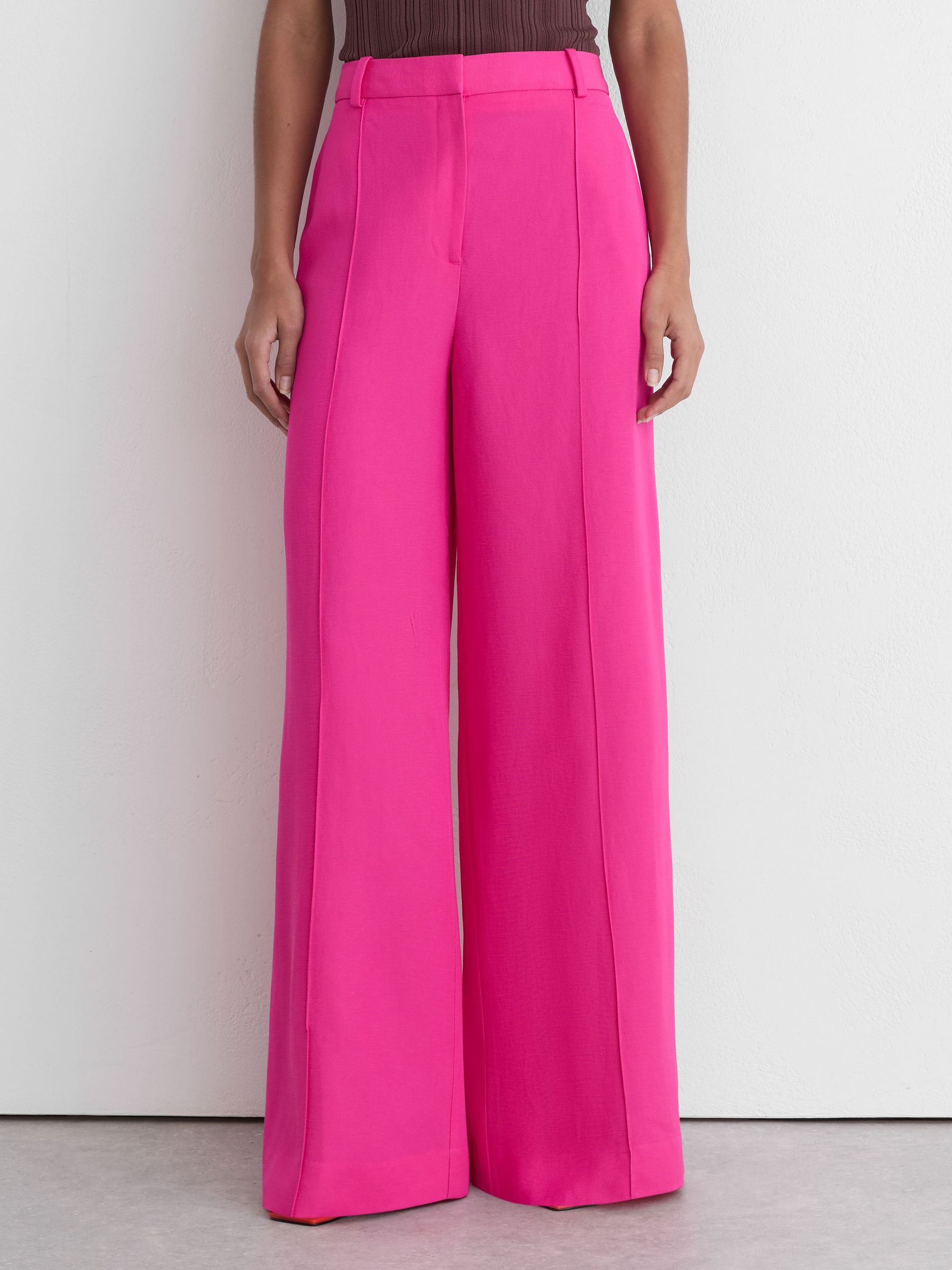 Buy Reiss Pink Charli Petite Wide-Leg Pintuck Trousers with Linen