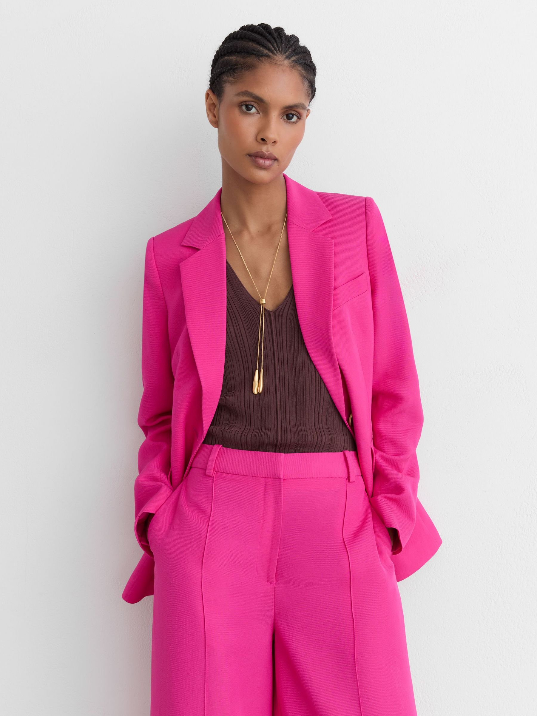 Buy Reiss Pink Charli Petite Wide-Leg Pintuck Trousers with Linen