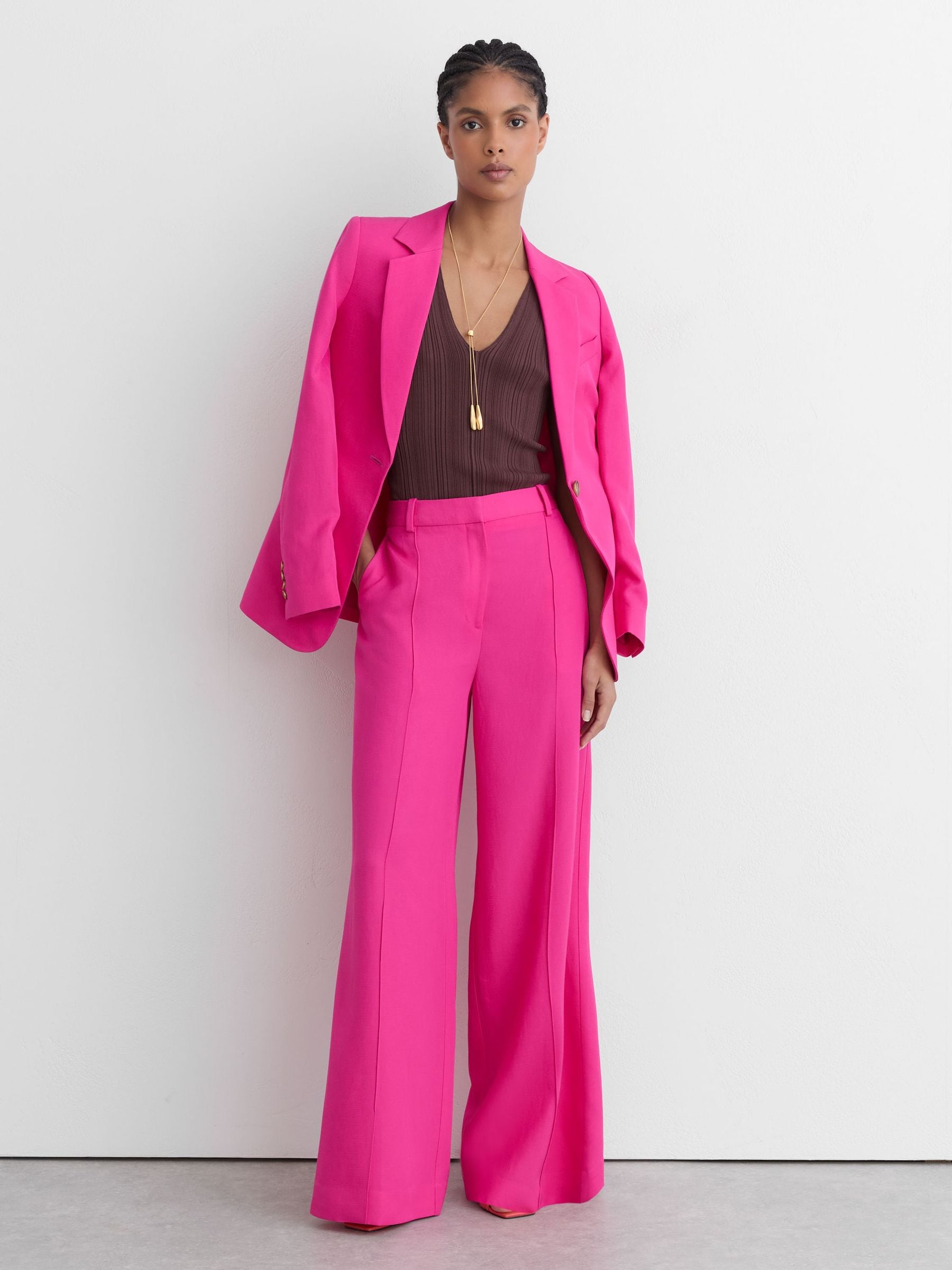 Buy Reiss Pink Charli Petite Wide-Leg Pintuck Trousers with Linen