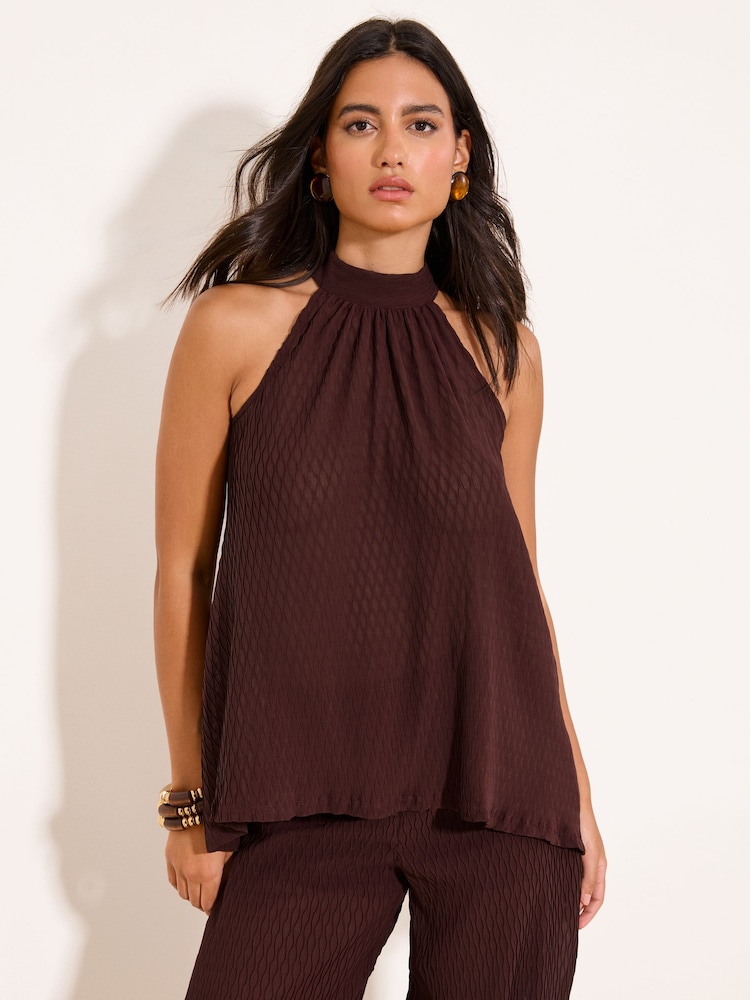 Lipsy Burgundy Red Plisse Halter Neck Top - Image 1 of 5