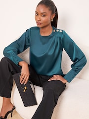 Lipsy Teal Blue Satin Button Shoulder Detail Blouse - Image 1 of 4