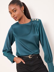 Lipsy Teal Blue Satin Button Shoulder Detail Blouse - Image 3 of 4