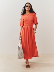 Coral Orange Short Sleeve Shirred Body T-Shirt Midi Dress - Image 1 of 6