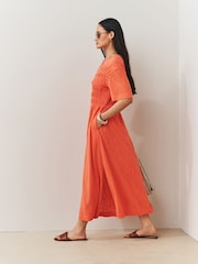 Coral Orange Short Sleeve Shirred Body T-Shirt Midi Dress - Image 2 of 6