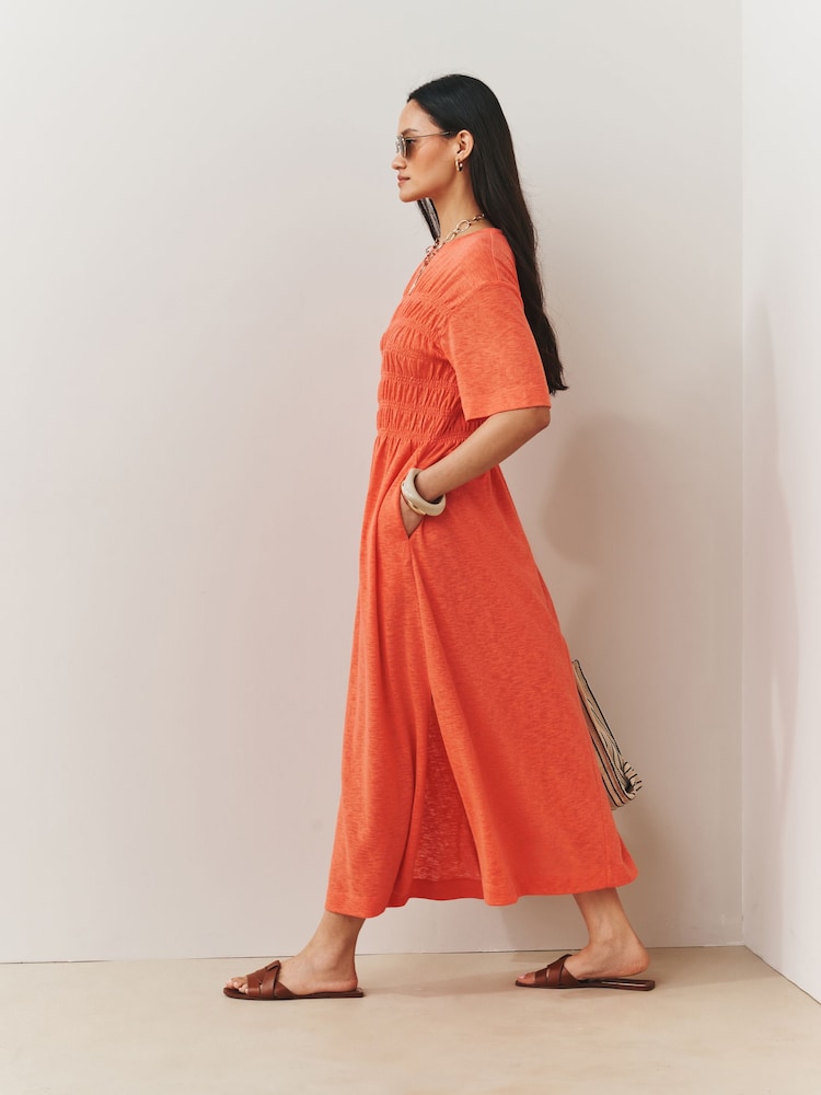 Coral Orange Short Sleeve Shirred Body T-Shirt Midi Dress - Image 2 of 6
