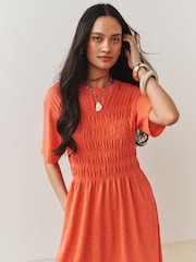 Coral Orange Short Sleeve Shirred Body T-Shirt Midi Dress - Image 3 of 6
