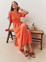Coral Orange Short Sleeve Shirred Body T-Shirt Midi Dress - Image 4 of 6