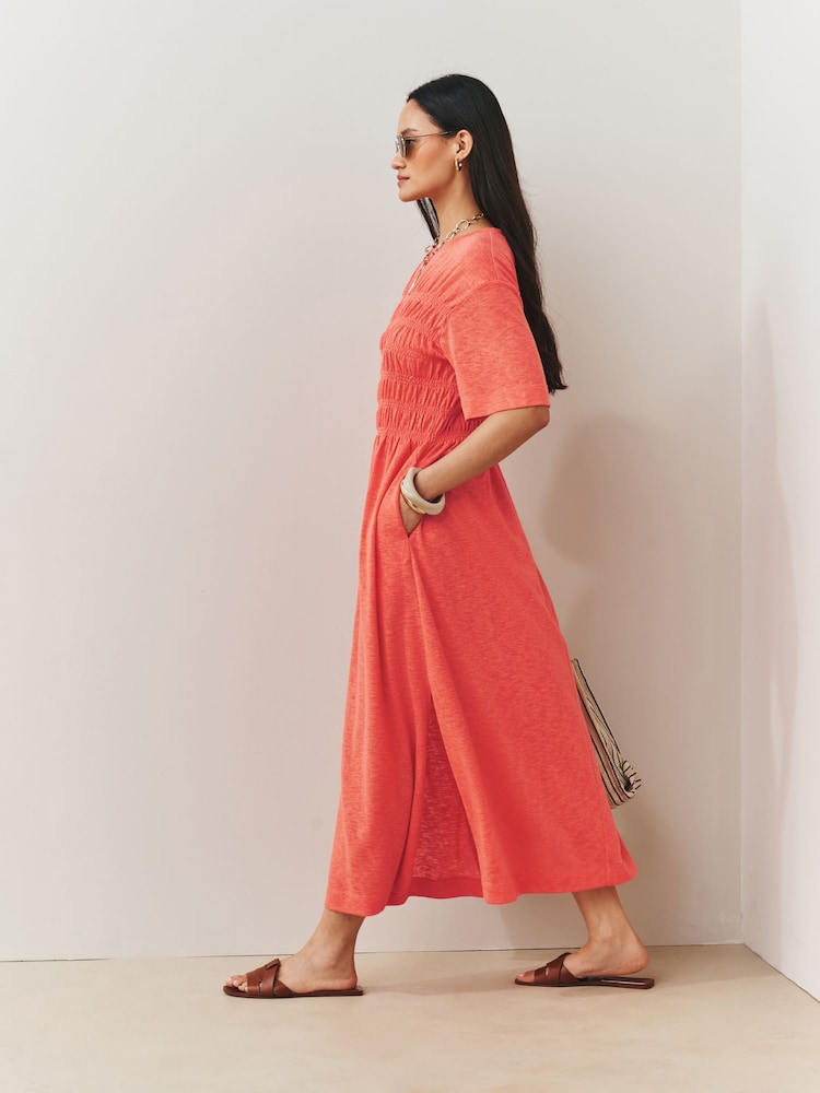 red orange midi dress In Loom Satin Smocked Midi Dress