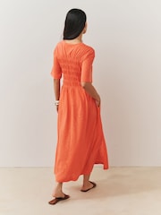 Coral Orange Short Sleeve Shirred Body T-Shirt Midi Dress - Image 5 of 6