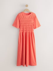 Coral Orange Short Sleeve Shirred Body T-Shirt Midi Dress - Image 7 of 9