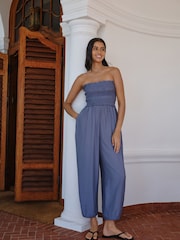 Navy Blue Bandeau Shirred Body Balloon Leg Jumpsuit - Image 2 of 8