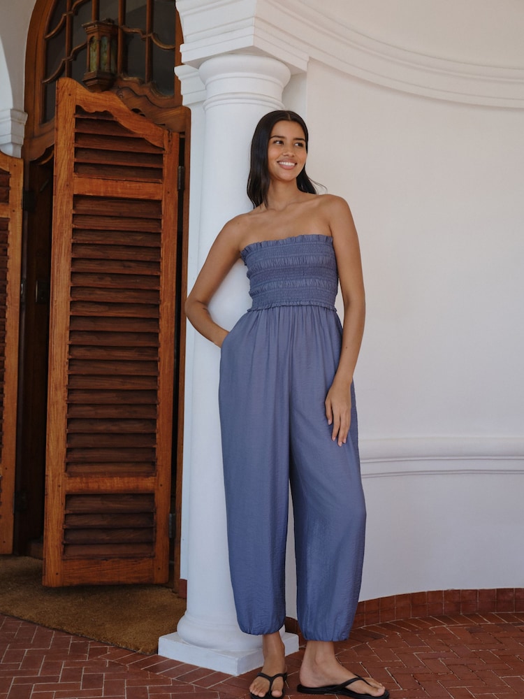 Navy Blue Bandeau Shirred Body Balloon Leg Jumpsuit - Image 2 of 8