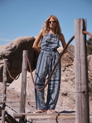Blue/Ecru Bandana Print Square Neck Barrel Leg Jumpsuit - Image 1 of 9