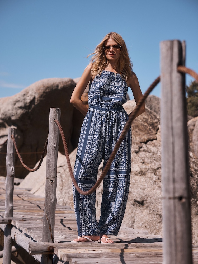 Blue/Ecru Bandana Print Square Neck Barrel Leg Jumpsuit - Image 1 of 9