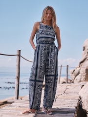 Blue/Ecru Bandana Print Square Neck Barrel Leg Jumpsuit - Image 2 of 9