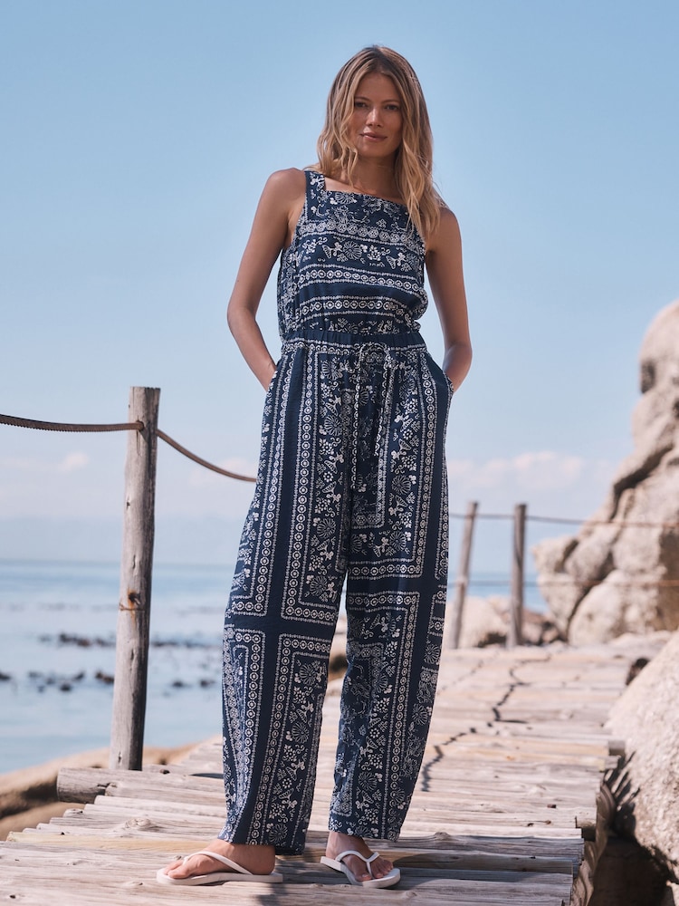 Blue/Ecru Bandana Print Square Neck Barrel Leg Jumpsuit - Image 2 of 9