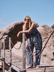 Blue/Ecru Bandana Print Square Neck Barrel Leg Jumpsuit - Image 3 of 9