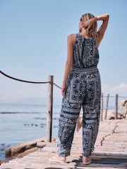 Blue/Ecru Bandana Print Square Neck Barrel Leg Jumpsuit - Image 4 of 9