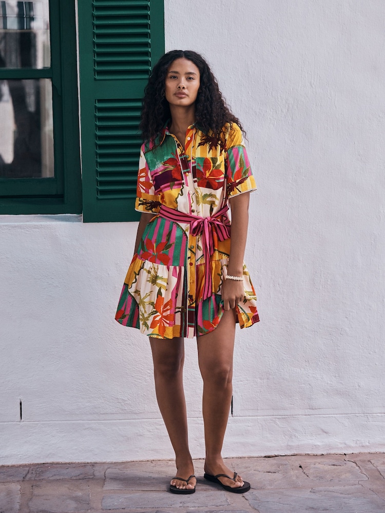 Multi Tropical Print - Short Sleeve Tie Waist Shirt Dress - 8ичинен 1 сүрөт