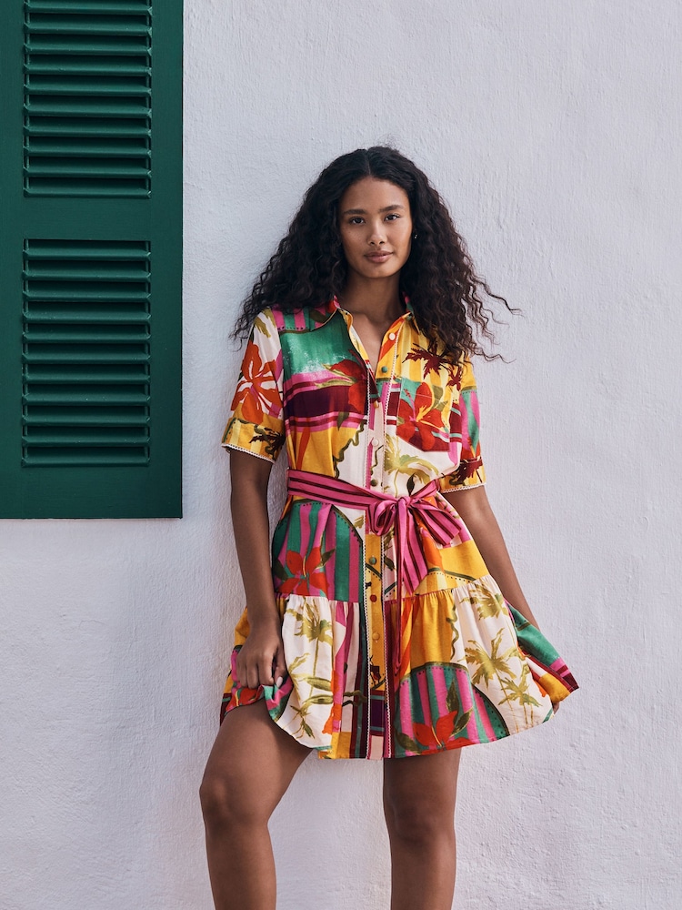 Multi Tropical Print - Short Sleeve Tie Waist Shirt Dress - 8ичинен 2 сүрөт