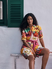 Multi Tropical Print - Short Sleeve Tie Waist Shirt Dress - 8ичинен 3 сүрөт