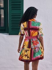 Multi Tropical Print - Short Sleeve Tie Waist Shirt Dress - 8ичинен 4 сүрөт