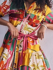 Multi Tropical Print - Short Sleeve Tie Waist Shirt Dress - 8ичинен 5 сүрөт