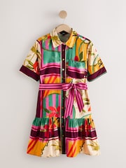 Multi Tropical Print - Short Sleeve Tie Waist Shirt Dress - 8ичинен 6 сүрөт