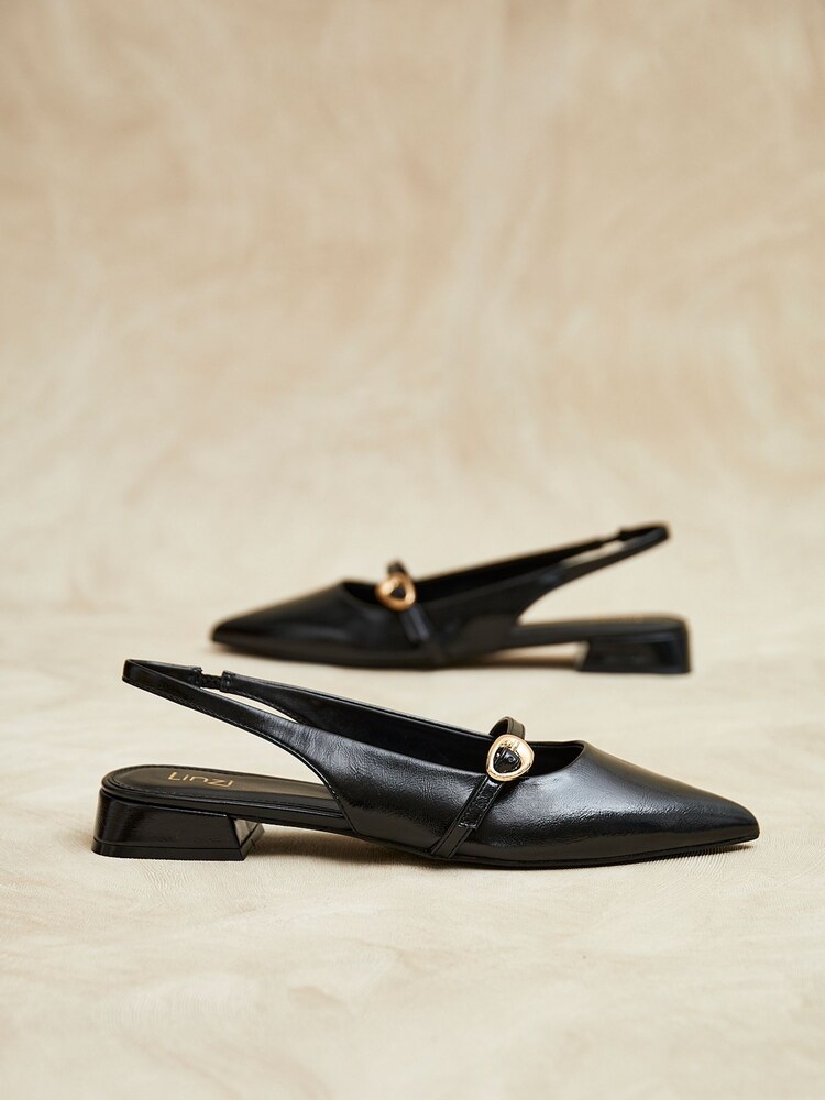Linzi Black Align Pointed Toe Ballet Flats With Buckle Detail - Image 1 of 5