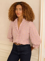 Love & Roses Pink Metallic Heart 3/4 Sleeve Frill Cuff Blouse - Image 1 of 4