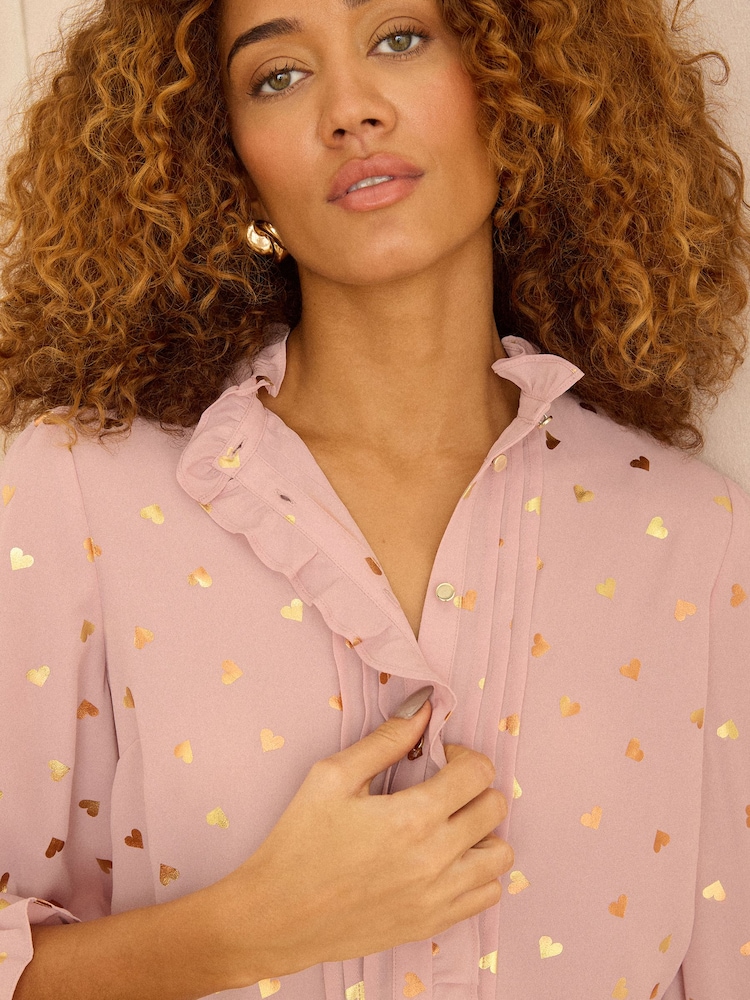 Love & Roses Pink Metallic Heart 3/4 Sleeve Frill Cuff Blouse - Image 2 of 4