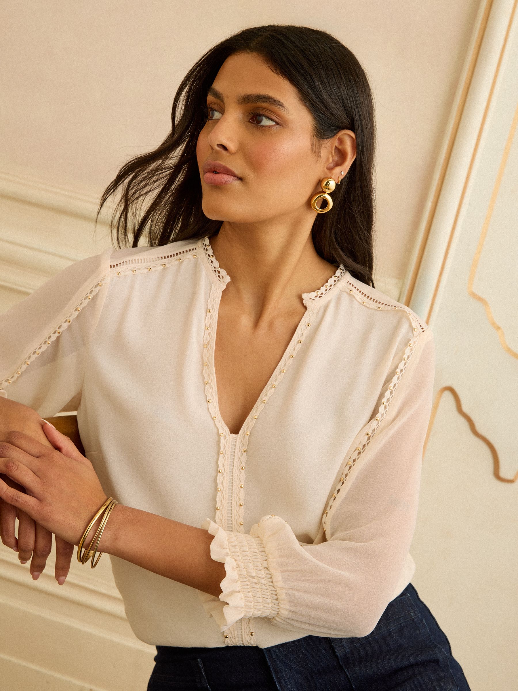 Buy Love & Roses Ivory V-Neck Hardware 3/4 Sleeve Blouse from the