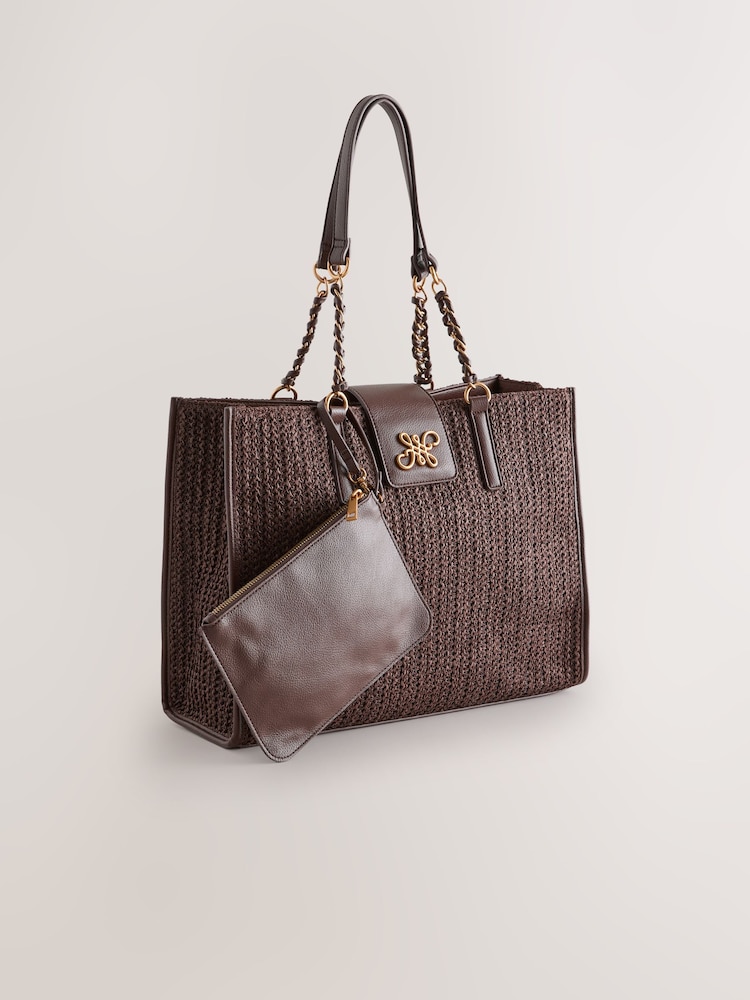 Chocolate Brown Raffia Effect Shoulder Bag - Image 1 of 5