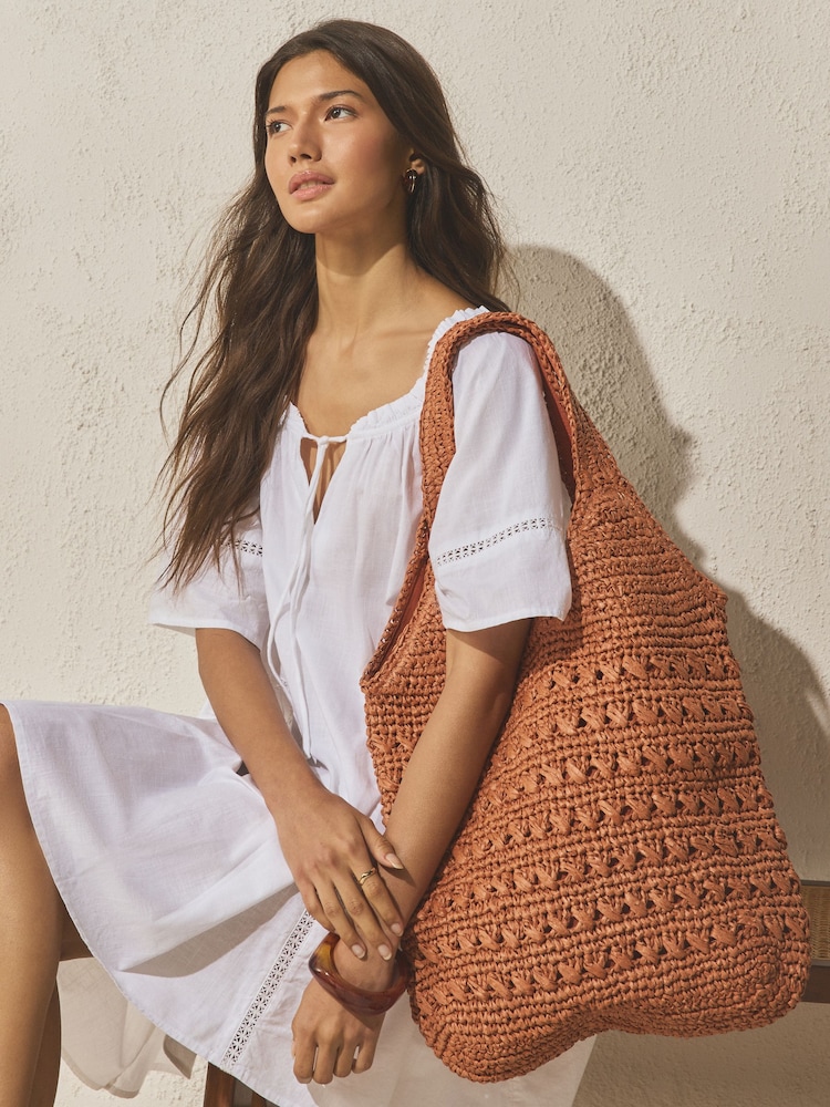 Burnt Orange Raffia Effect Shoulder Bag - Image 1 of 7