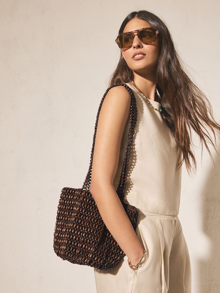 Chocolate Brown Wooden Beaded Shoulder Bag - Image 1 of 8