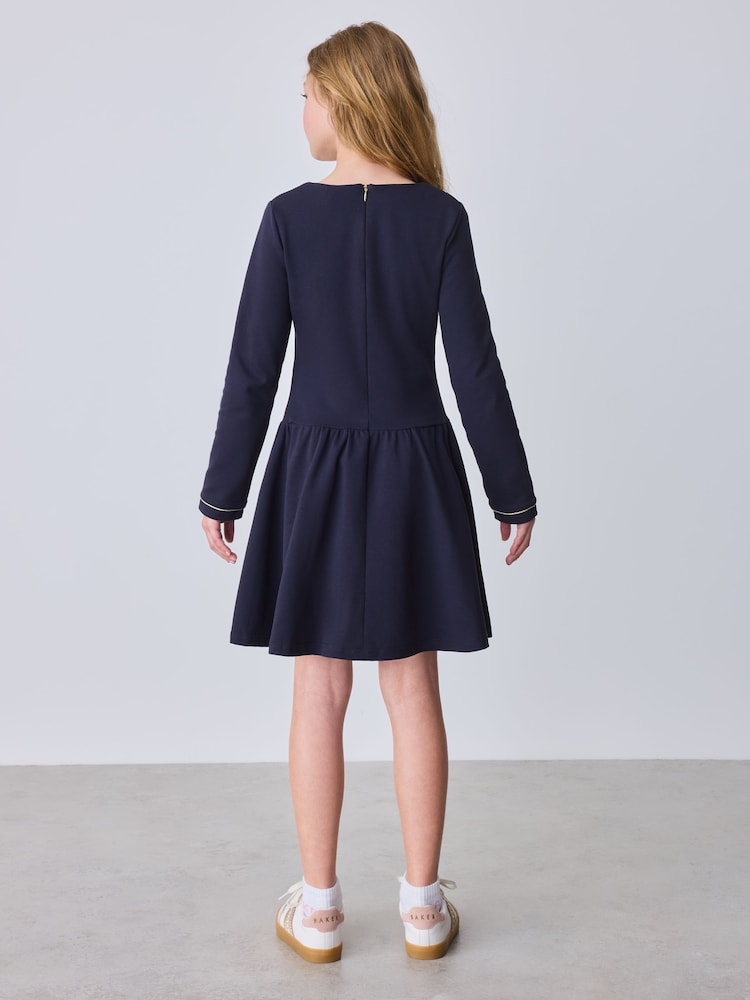 Baker by Ted Baker Navy Ponte Scallop Edge Drop Waist Dress - Image 2 of 5