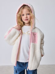 Baker by Ted Baker White Contrast Zip Through Hooded Borg Fleece Jacket - Imaginea 1 din 10