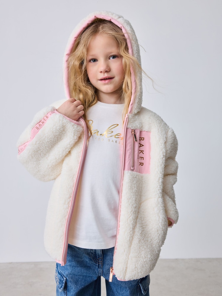 Baker by Ted Baker White Contrast Zip Through Hooded Borg Fleece Jacket - Imaginea 1 din 10