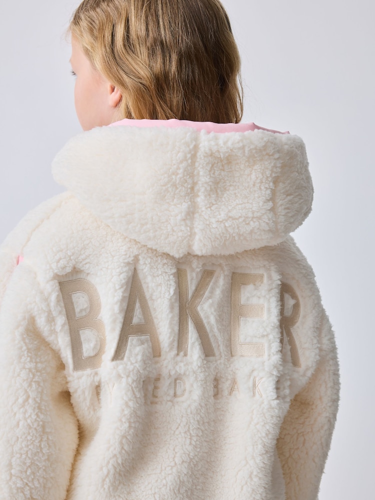 Baker by Ted Baker White Contrast Zip Through Hooded Borg Fleece Jacket - Imaginea 2 din 10