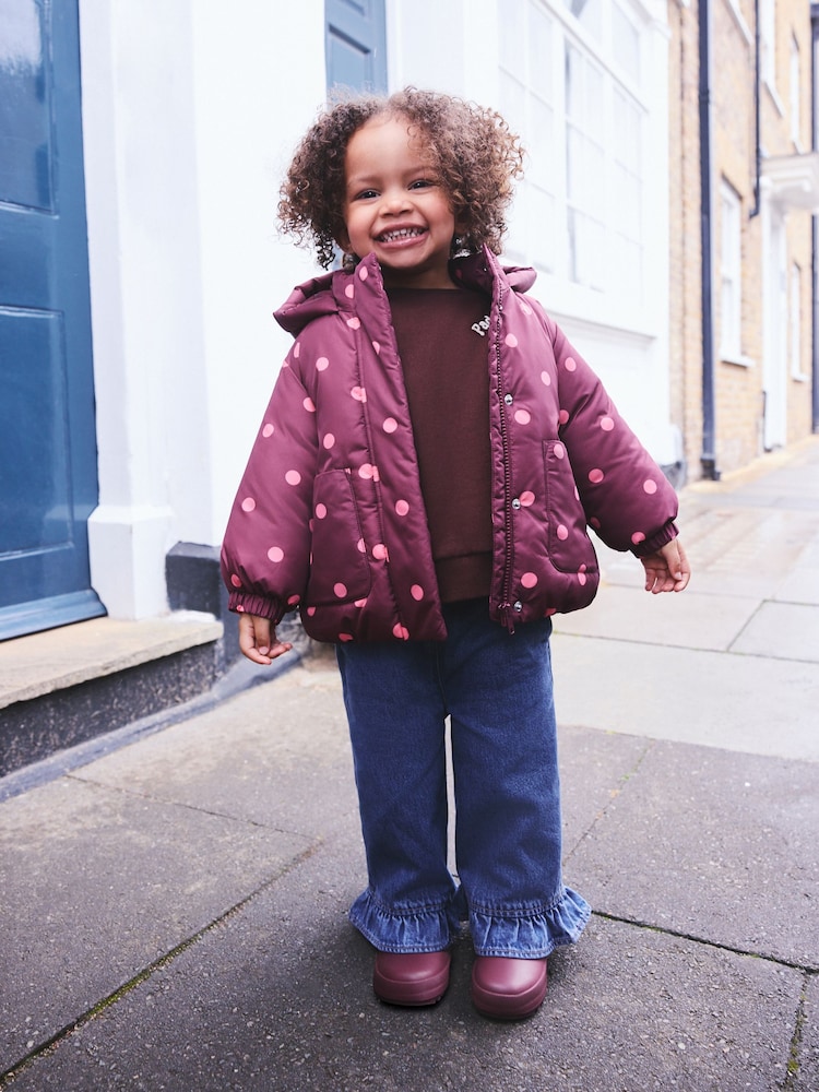 Burgundy Polka Dot Shower Resistant Padded Coat (3mths-7yrs) - Image 1 of 6 Burgundy Polka Dot Shower Resistant Padded Coat (3mths-7yrs) - Image 1 of 6