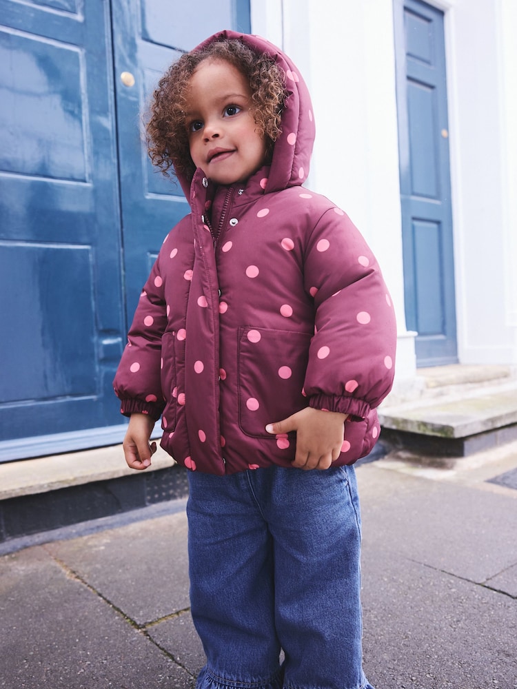 Burgundy Polka Dot Shower Resistant Padded Coat (3mths-7yrs) - Image 2 of 6 Burgundy Polka Dot Shower Resistant Padded Coat (3mths-7yrs) - Image 2 of 6