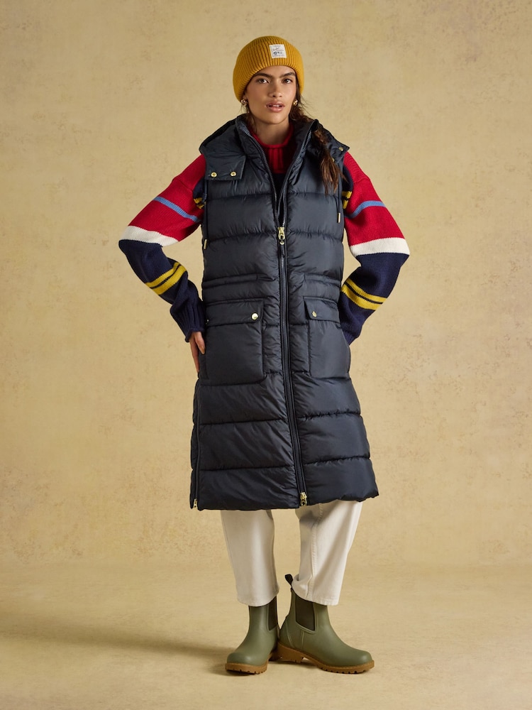 Joules Windermere Navy Showerproof Longline Padded Gilet - Image 1 of 11 Joules Windermere Navy Showerproof Longline Padded Gilet - Image 1 of 11