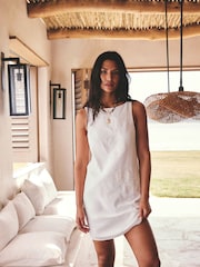 White Linen Blend Sequin Stem Floral Embroidered Mini Shift Dress - Image 1 of 4